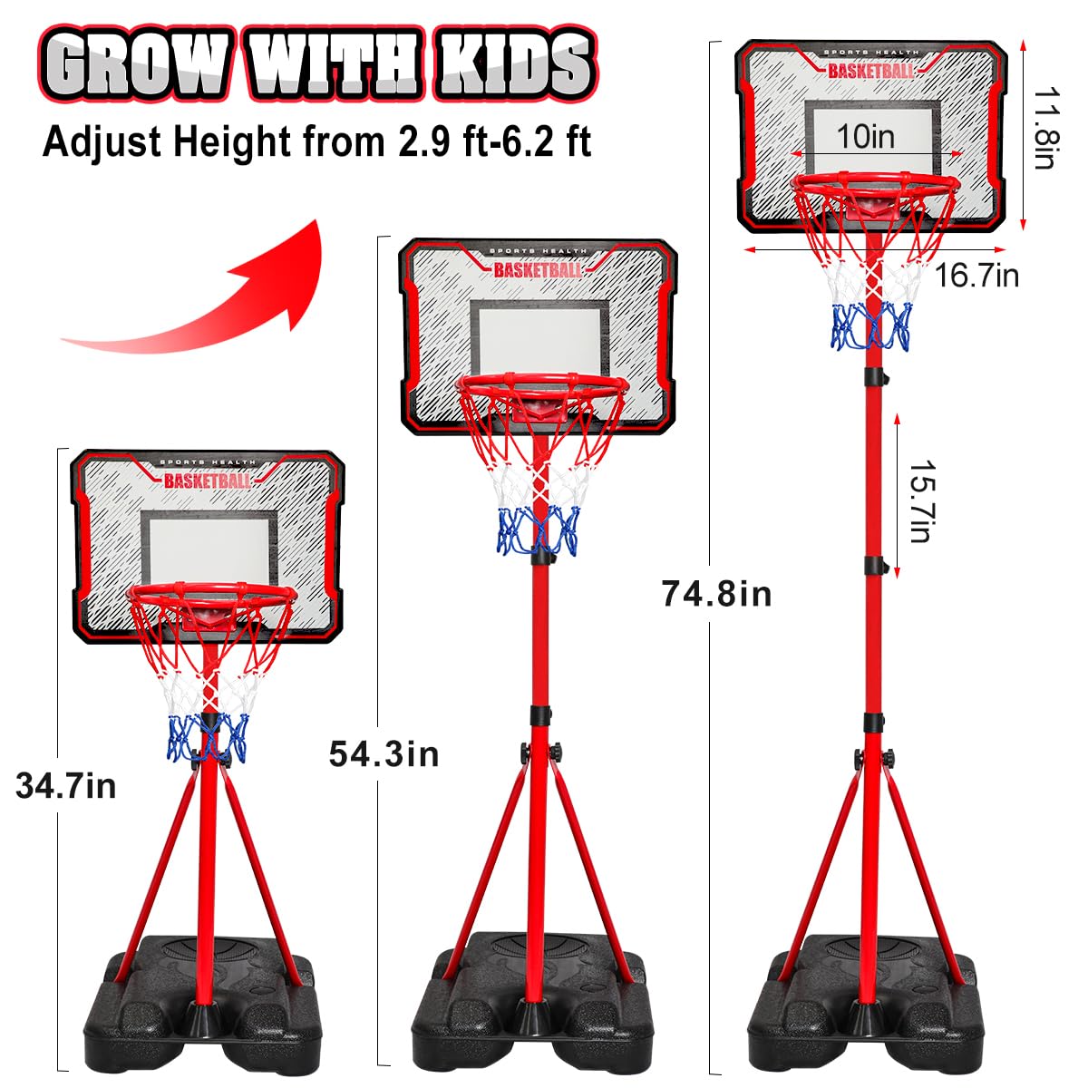 MELAND Kids Basketball Hoop Outdoor, 104-190cm Height Adjustable Stand with 3 Balls, Portable Indoor Outside Sports Toys, Birthday Gifts for 3-10 Year Old Boys Girls
