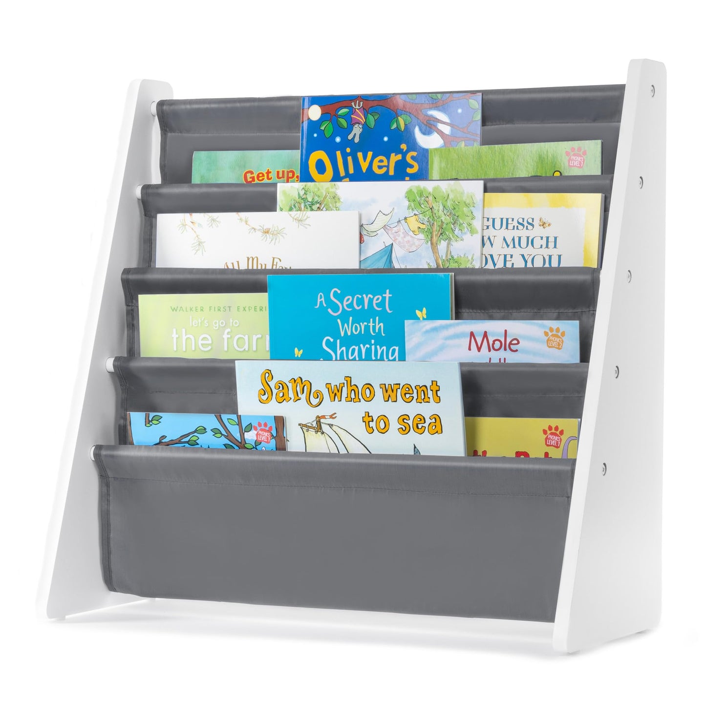 LIVIVO Colorful Kids Bookshelf - 4 Tier Children's Bookcase, Magazine and Book Storage Rack, Wooden Sling Book Organizer, Book Shelf for Kids Room, Bedroom, Nursery, Playroom (Natural)