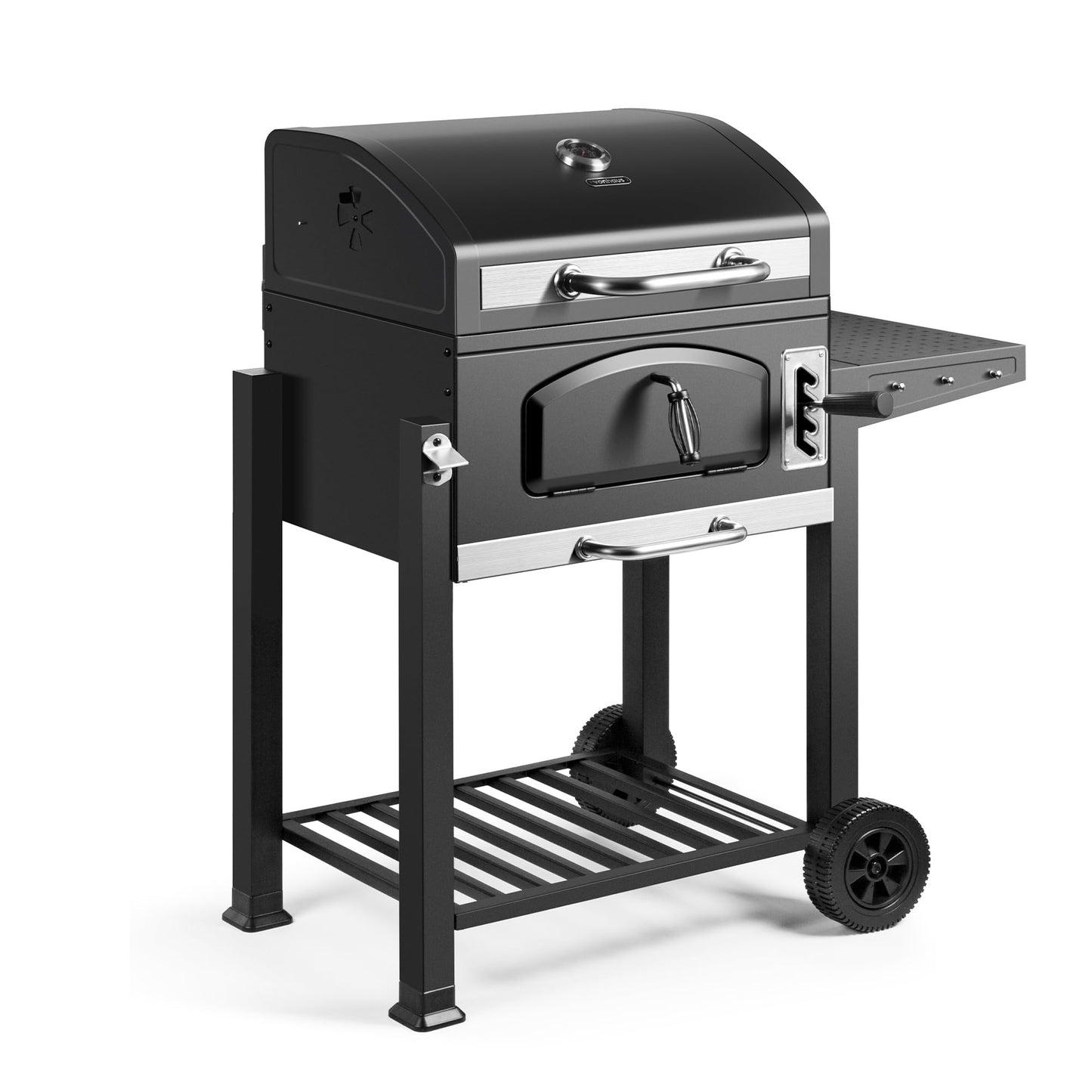 VonHaus Charcoal BBQ – XL Portable Barbecue with Warming Rack, Fold Down Shelves, Temperature Gauge, Wheels, Cooking Grill, Air Vents – 2 in 1 Barbeque and Smoker – Grill Meat, Fish & Vegetables