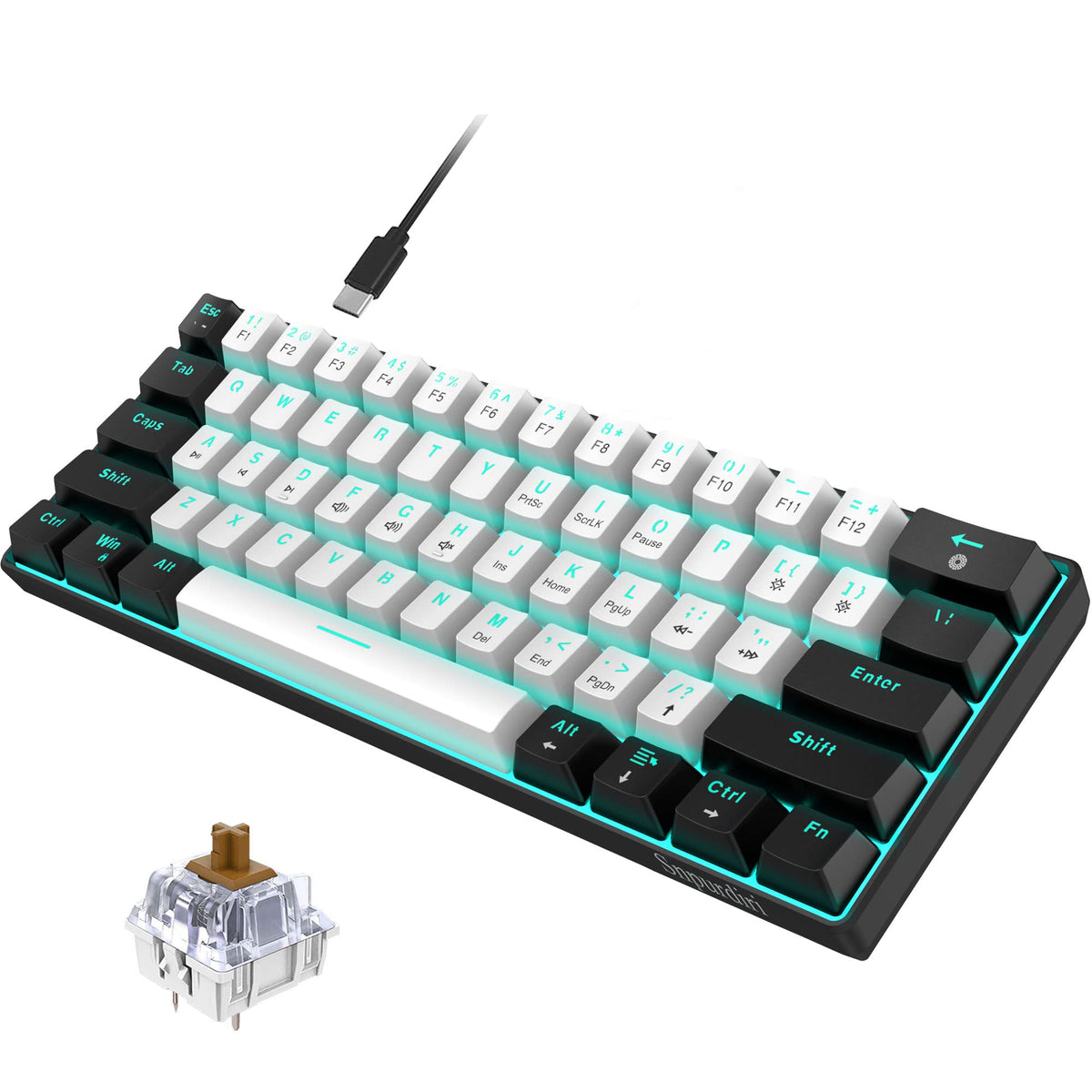 Snpurdiri Wired Mechanical Gaming Keyboard, 60% Size, LED Backlight, 61 Keys, Small Wired Office Keyboard for Windows Laptop/PC, Mac (Black-Red, Blue Switches)