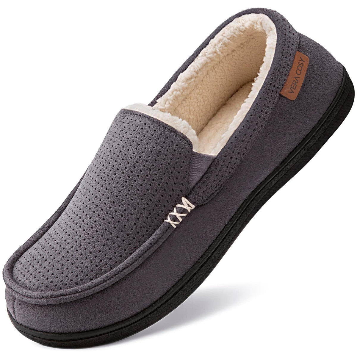 VeraCosy Men's Suede Moccasin Slippers Memory Foam Sherpa Lined Anti-Skid