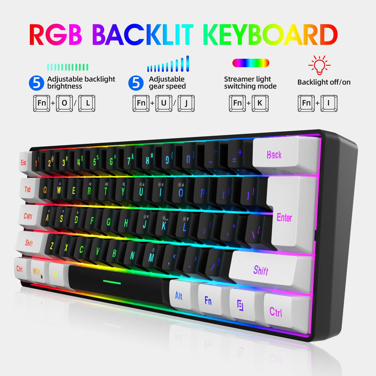Snpurdiri Wired Mechanical Gaming Keyboard, 60% Size, LED Backlight, 61 Keys, Small Wired Office Keyboard for Windows Laptop/PC, Mac (Black-Red, Blue Switches)