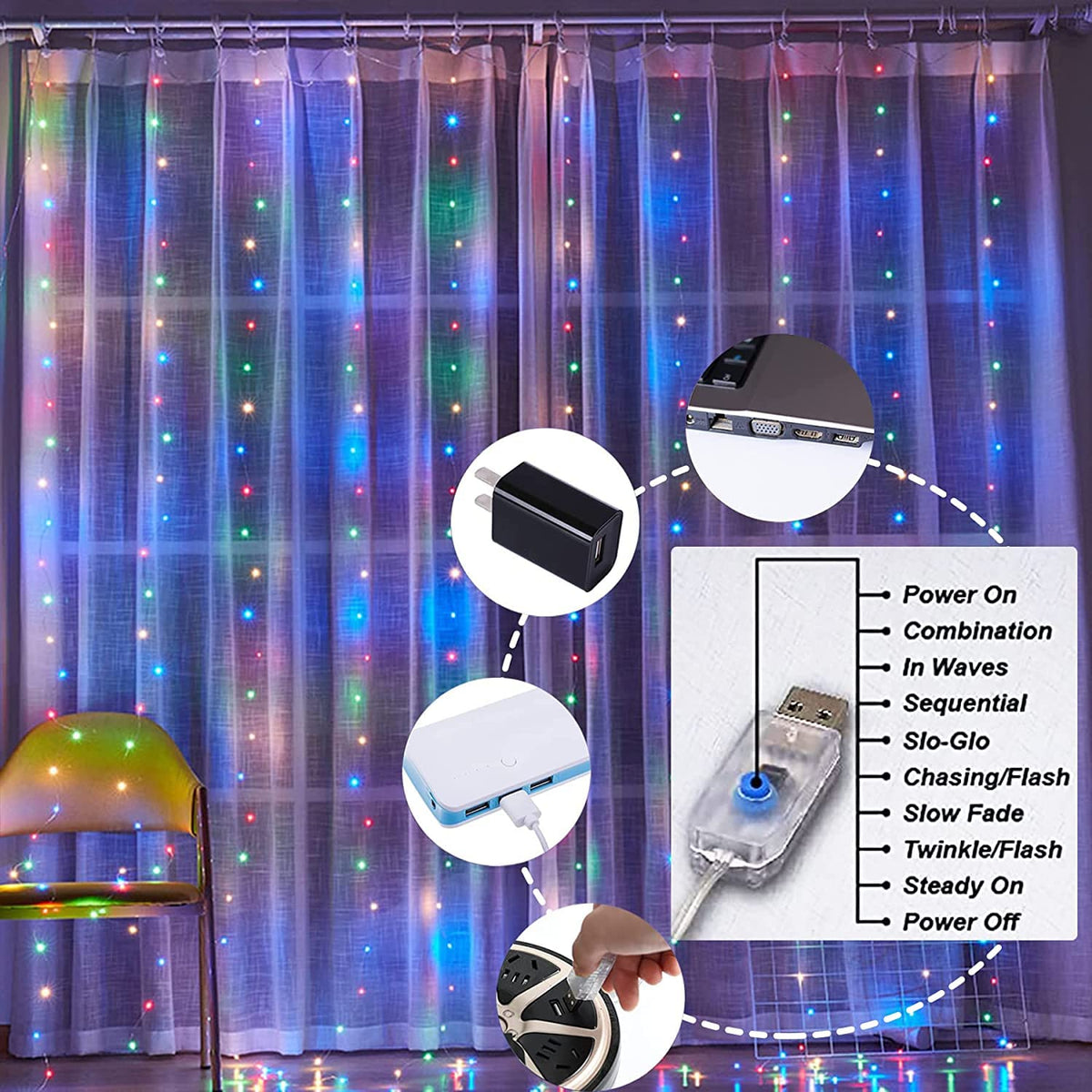 Lezonic Curtain Fairy Lights, 3m×3m 300LED Curtain String Lights Plug in