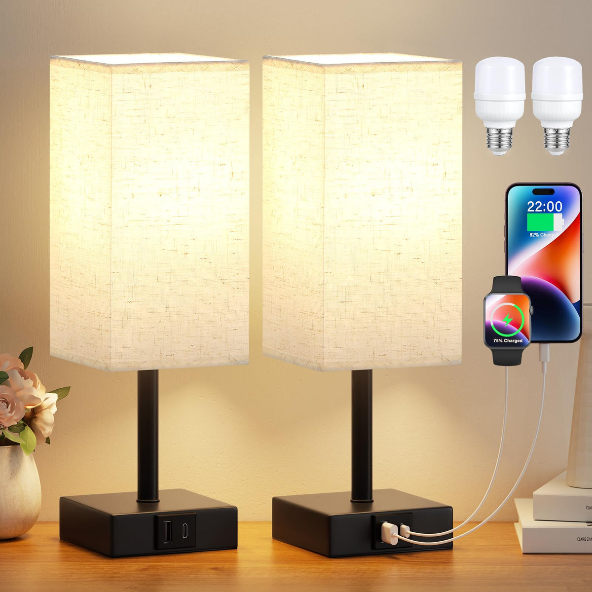 Pink Touch Lamp, Bed Lamp with Dual USB Charging Ports, Pink-Base (Bulb Included)