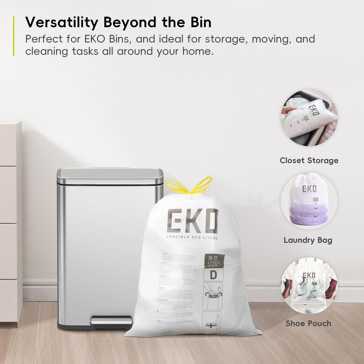 EKO Bin Bags, Kitchen Bin Liners, Drawstring, 40-60 Litre, 12 Count, Code F