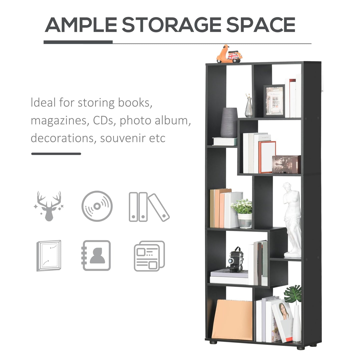 HOMCOM Bookshelf, Tall Bookcase, Modern Room Divider, 8 Cube Storage Unit, Freestanding Storage Shelf for Living Room, Bedroom, Home Office, 70 x 24 x 178 cm, White