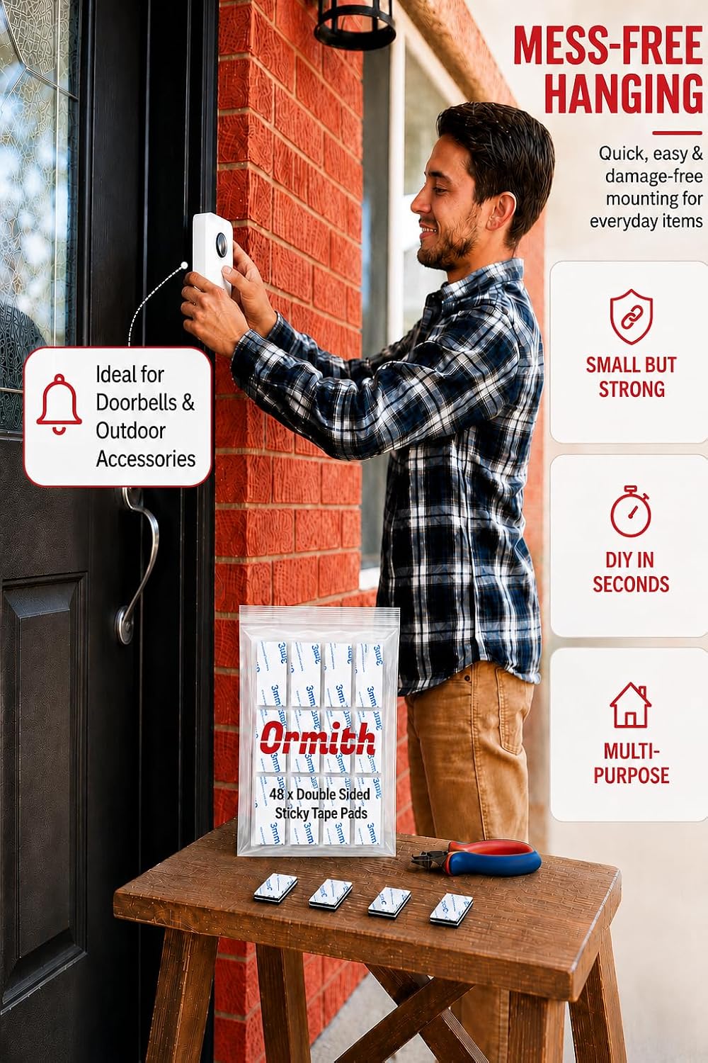Ormith Double Sided Tape Heavy Duty 48 Pcs | Strong Double Sided Sticky Pads for Outdoor Indoor Wall Mounting | Water Proof Adhesive Strips for Quick Damage-Free Hanging (50 x 30mm)