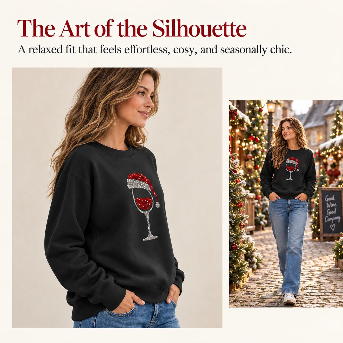 Christmas Jumpers Women Wine Graphic Sequin Sweatshirts Ladies Xmas Tops