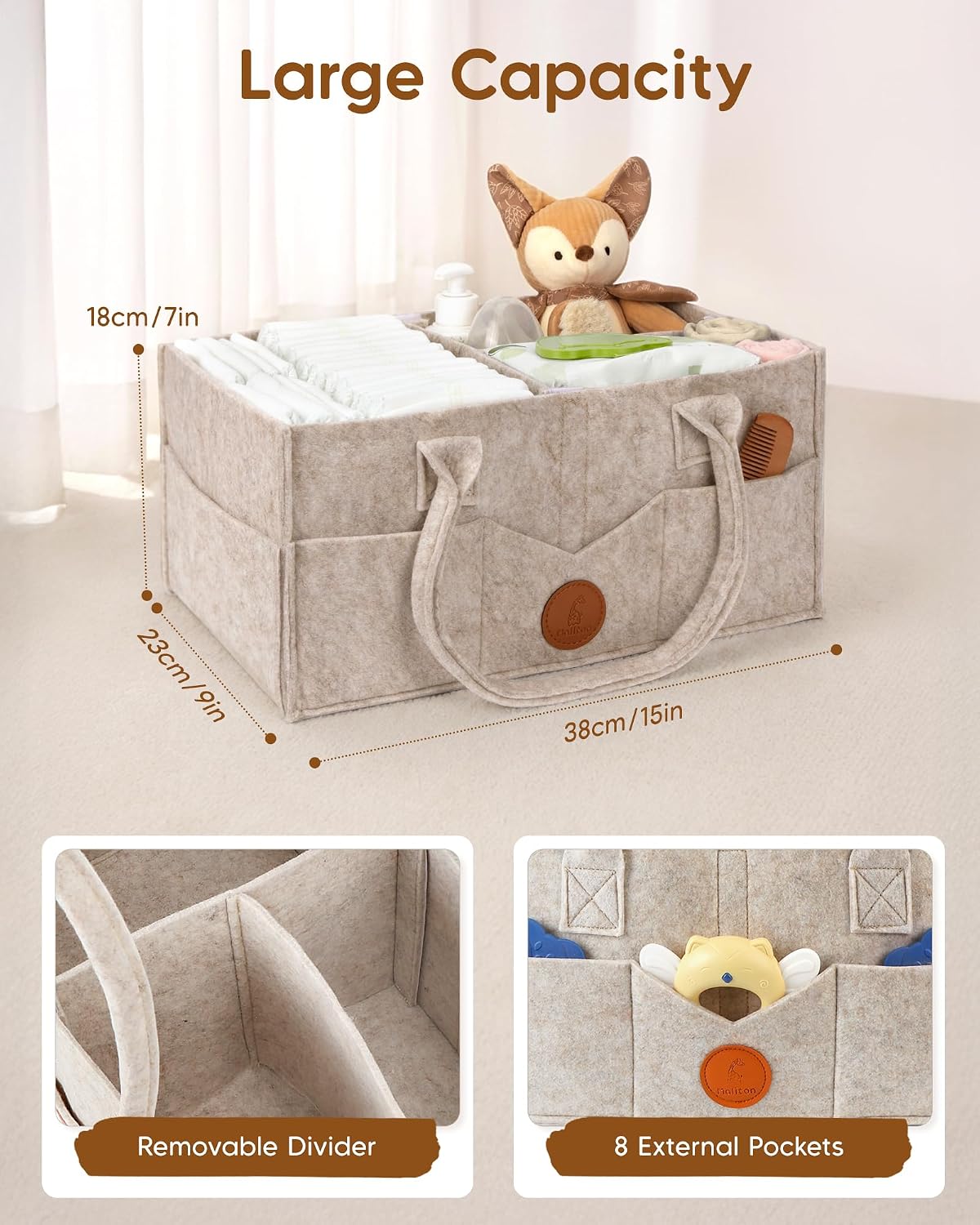 Maliton Nappy Caddy Organiser with 8 Pockets & Removable Dividers (Khaki)