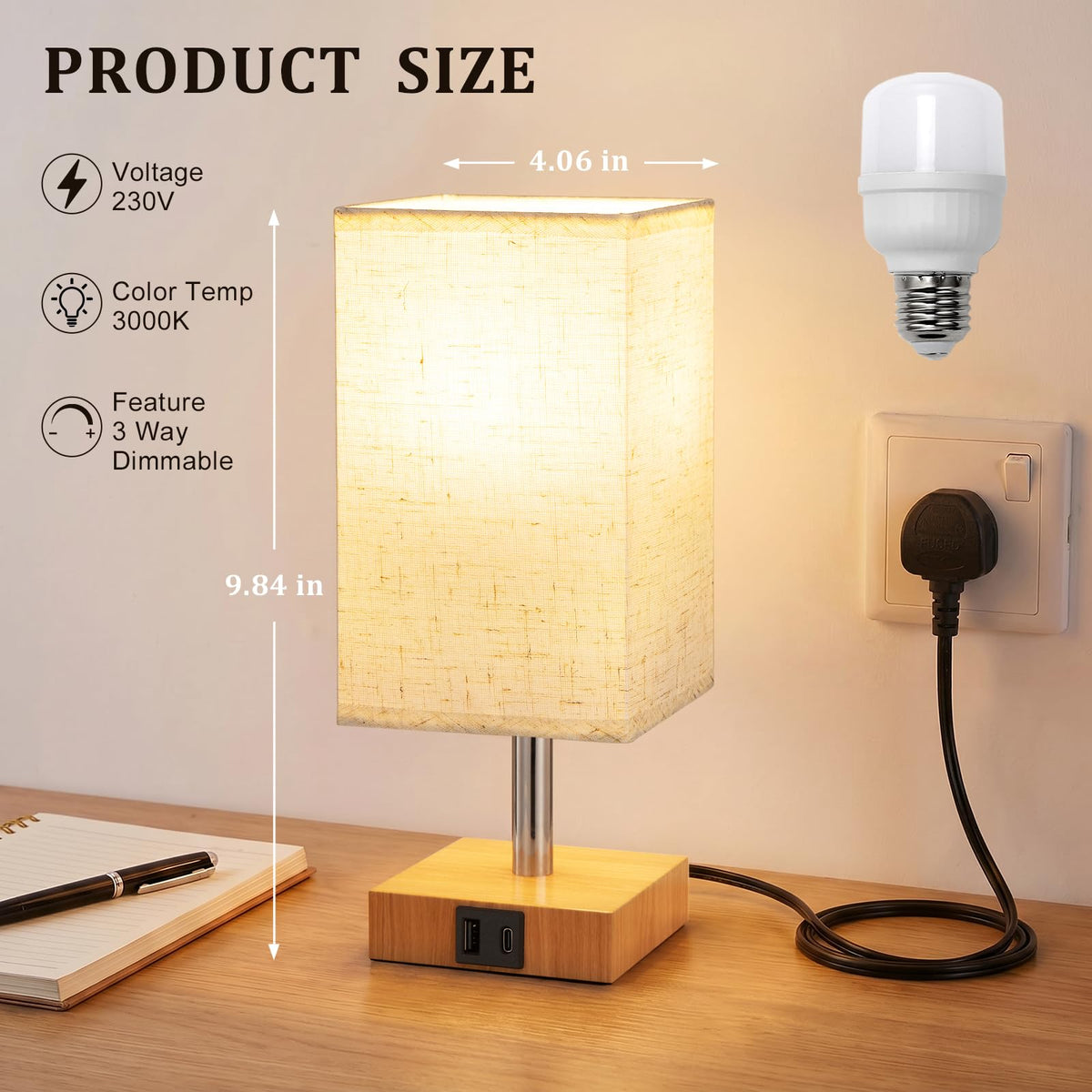 White Table Lamp for Bedroom, Small Bed Lamp with for Bedroom, Silver Base(Bulb Included)