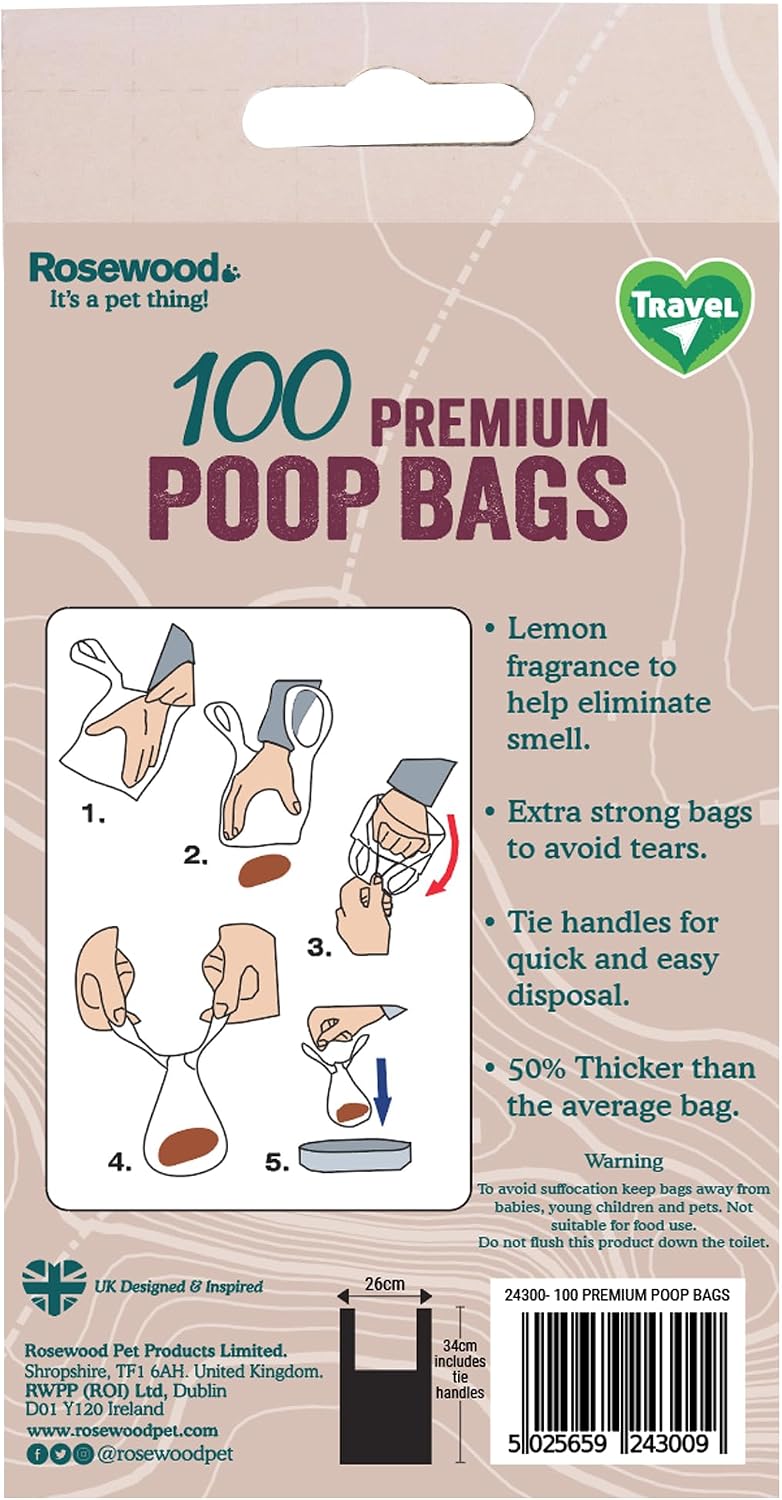 Rosewood Dog Poo Bags with Handles - 100 Easy Clean-Up Poop Bags, Loose Packed Dog Waste Bags with Tie Handles, Lightly Scented, Black