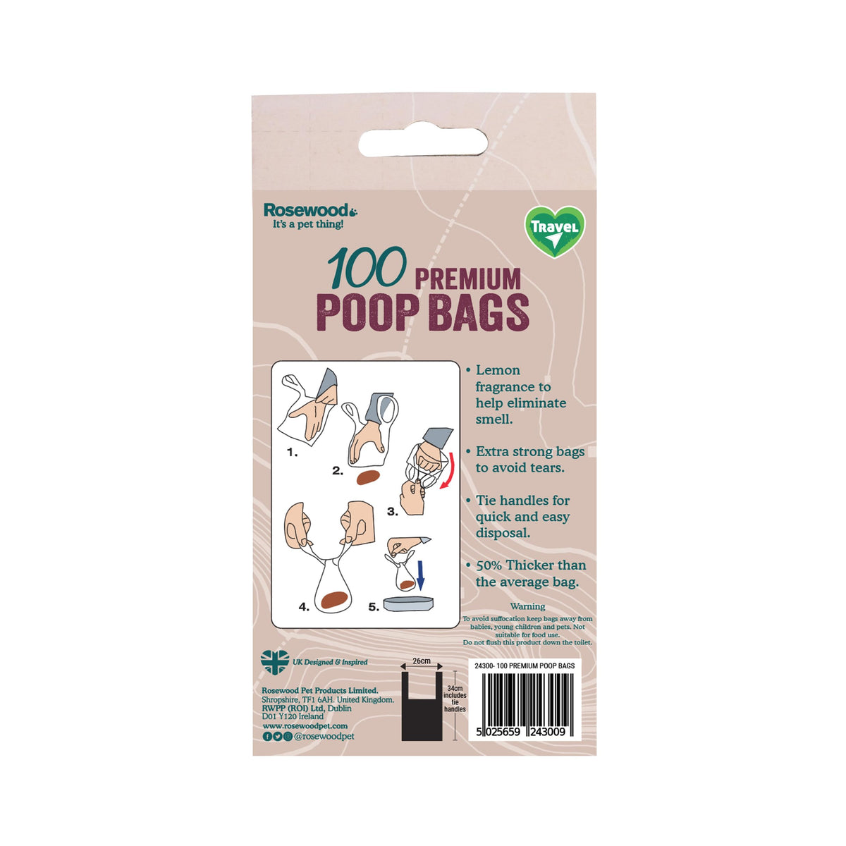 Rosewood Dog Poo Bags with Handles - 100 Easy Clean-Up Poop Bags, Loose Packed Dog Waste Bags with Tie Handles, Lightly Scented, Black