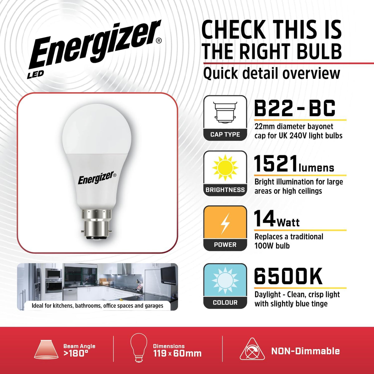 Energizer B22 Bayonet Light Bulbs, 1521lm, Daylight White 6500K, 4 Pack