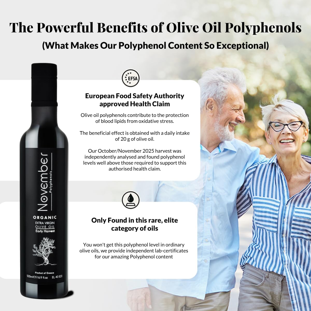 November Polyphenols Olive Oil Extra Virgin - Organic High Phenolic EVOO – Early Harvest – Lab Certified +1200mg/kg High Polyphenol – Cold Pressed Extra Virgin – Greek – 500ml Bottle