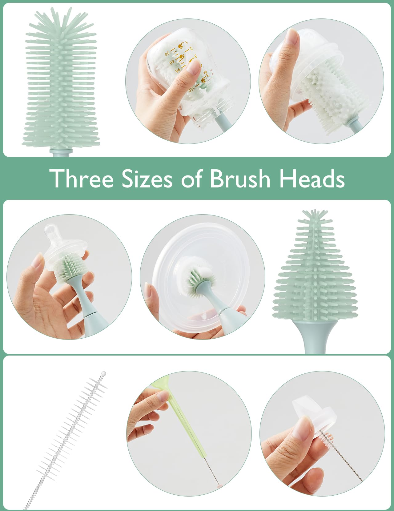 Momcozy Bottle Brush Set - Baby Bottle Cleaner Kit with Silicone Brush, Nipple Brush, Straw Brush, Soap Dispenser, Drying Rack - 7 in 1 Bottle Cleaning Tool for Home and Travel, Green