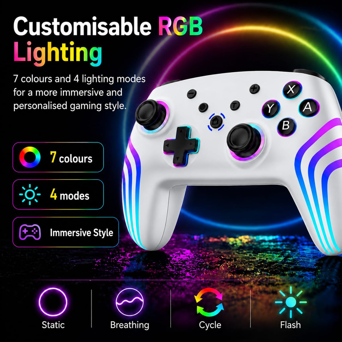 Riscvma 2pcs Controller for Switch/Switch 2/Lite/OLED/PC, Wireless Controller for Switch with 7 Color Changing RGB Lighting/Dual Vibration/6 Axis Gyroscope/Turbo, Ergonomic Precise Joystick