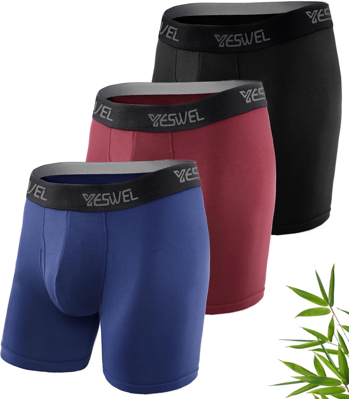 YESWEL Mens Bamboo Boxers, Longer Leg Boxer Shorts with Fly, Anti Chafing Underwear Trunks, No Itchy Labels Underpants (S-4XL)
