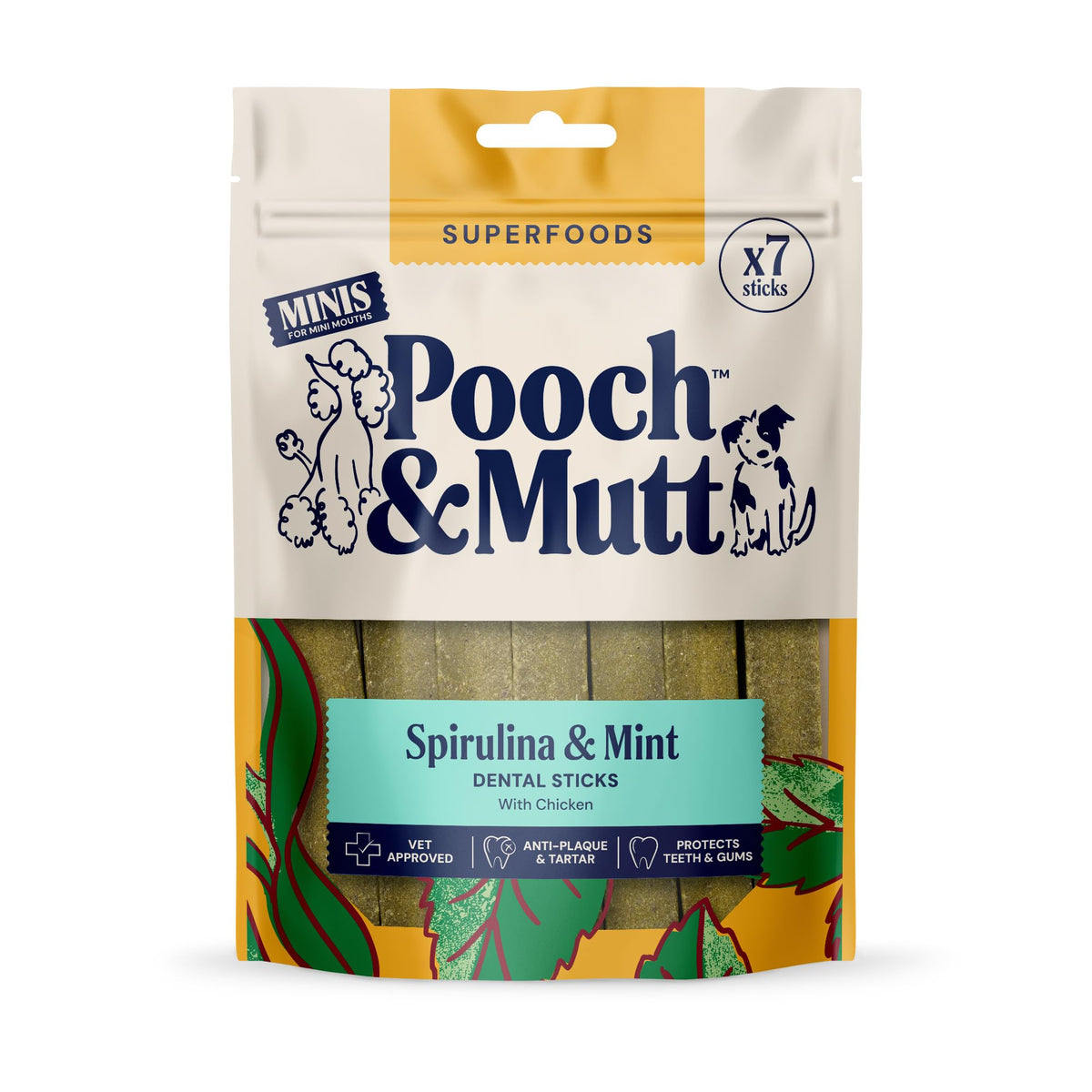 Pooch & Mutt - Superfood Dog Dental Sticks, Spirulina & Mint, 7 sticks