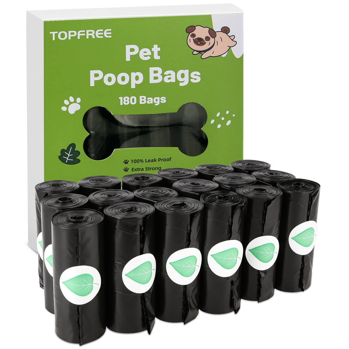 Topfree Poo Bags for Dog Waste, 18 Rolls 180 Dog Poop Bags (Green)