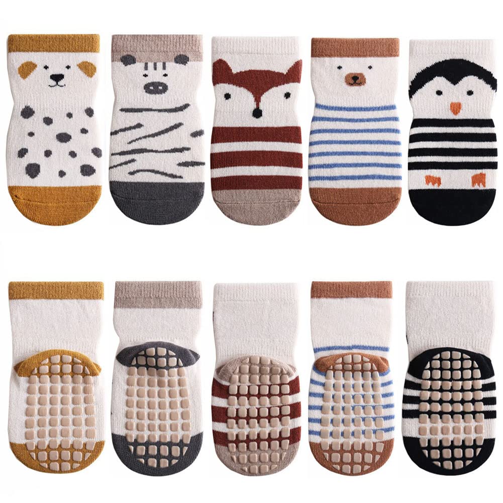 FedMois 5 Pairs Baby Kids Anti-slip Socks Cotton non skid Ankle Socks Animals