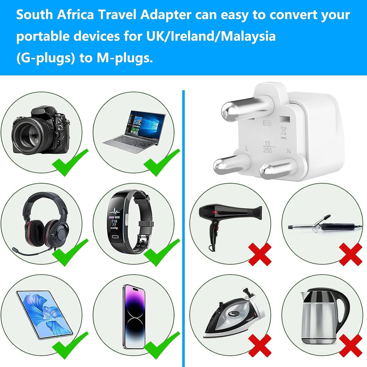 Loydia UK to South Africa Plug Adapter, 2 Pack UK to South Africa Travel Adapter Converter Plug, 3 Pin South Africa Travel Adaptors for Botswana, Lesotho, Swaziland, Namibia, Sri Lanka (White, Type M)