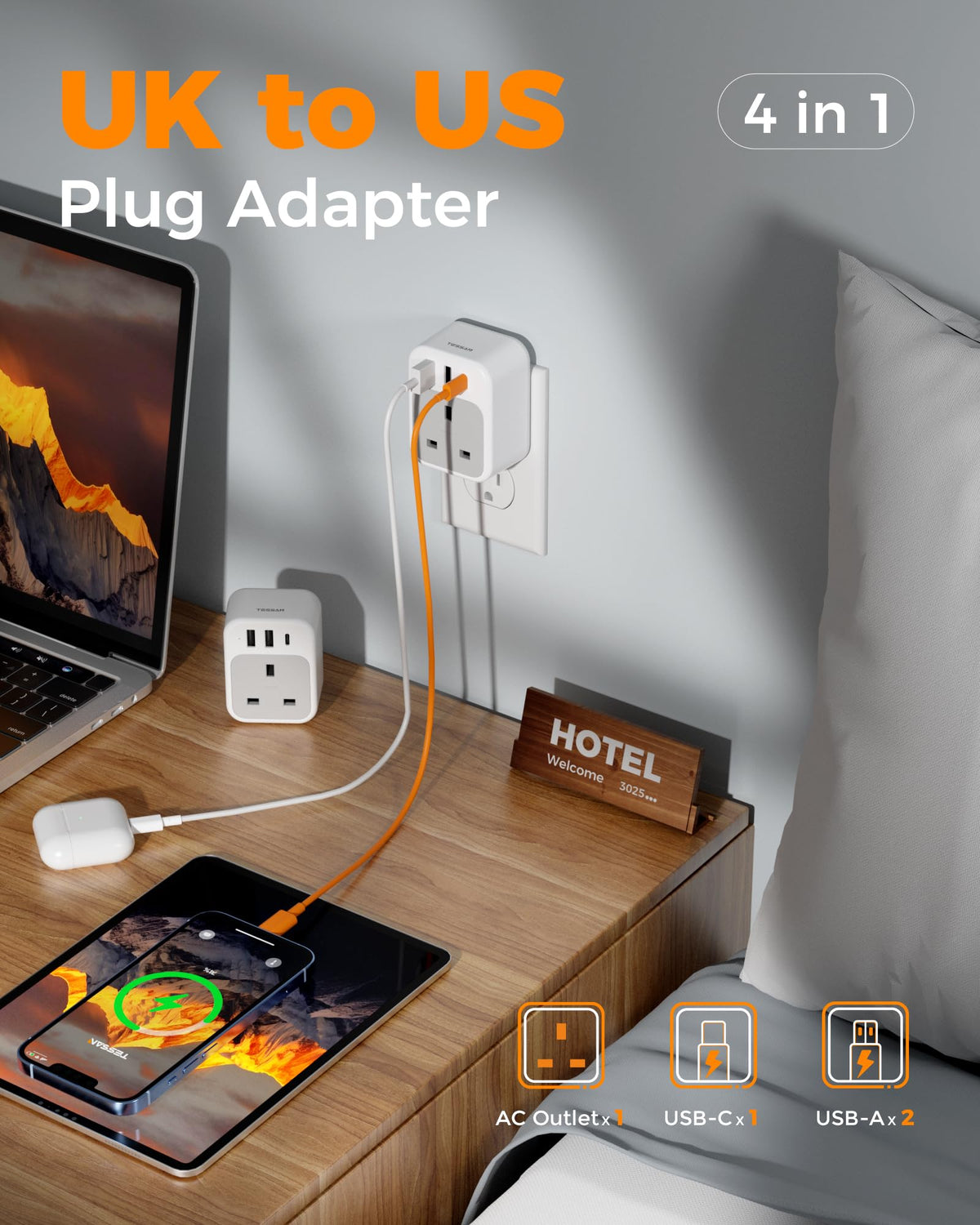 TESSAN UK to South Africa Plug Adapter, Type M Travel Adaptor with USB C