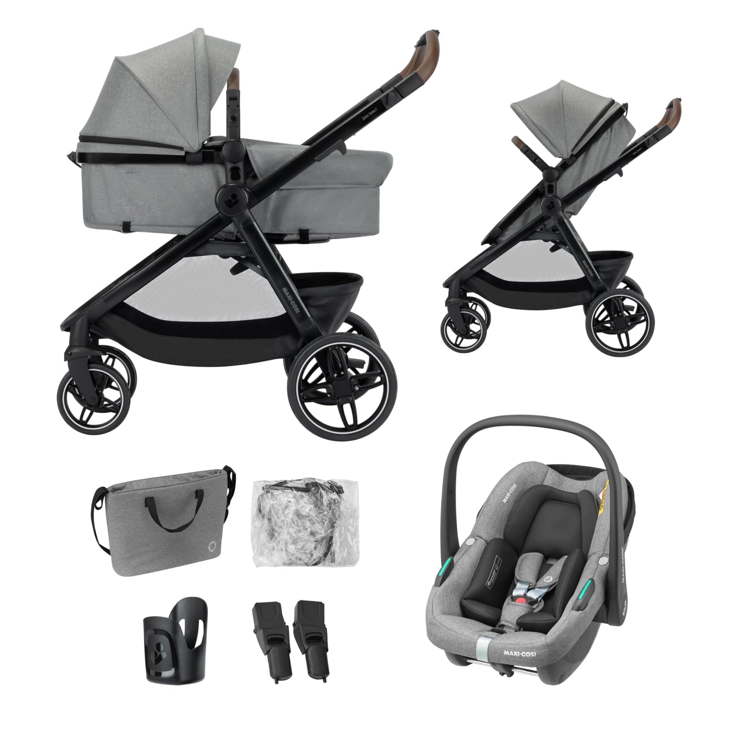Maxi COSI Zelia Select Trio, Baby Stroller 3 in 1 with Car Seat, 0-4 Years (0-22 kg), One-Hand Fold, Compact and Reversible Pushchair Travel System, with CabrioFix S i-Size Baby Car Seat, Grey
