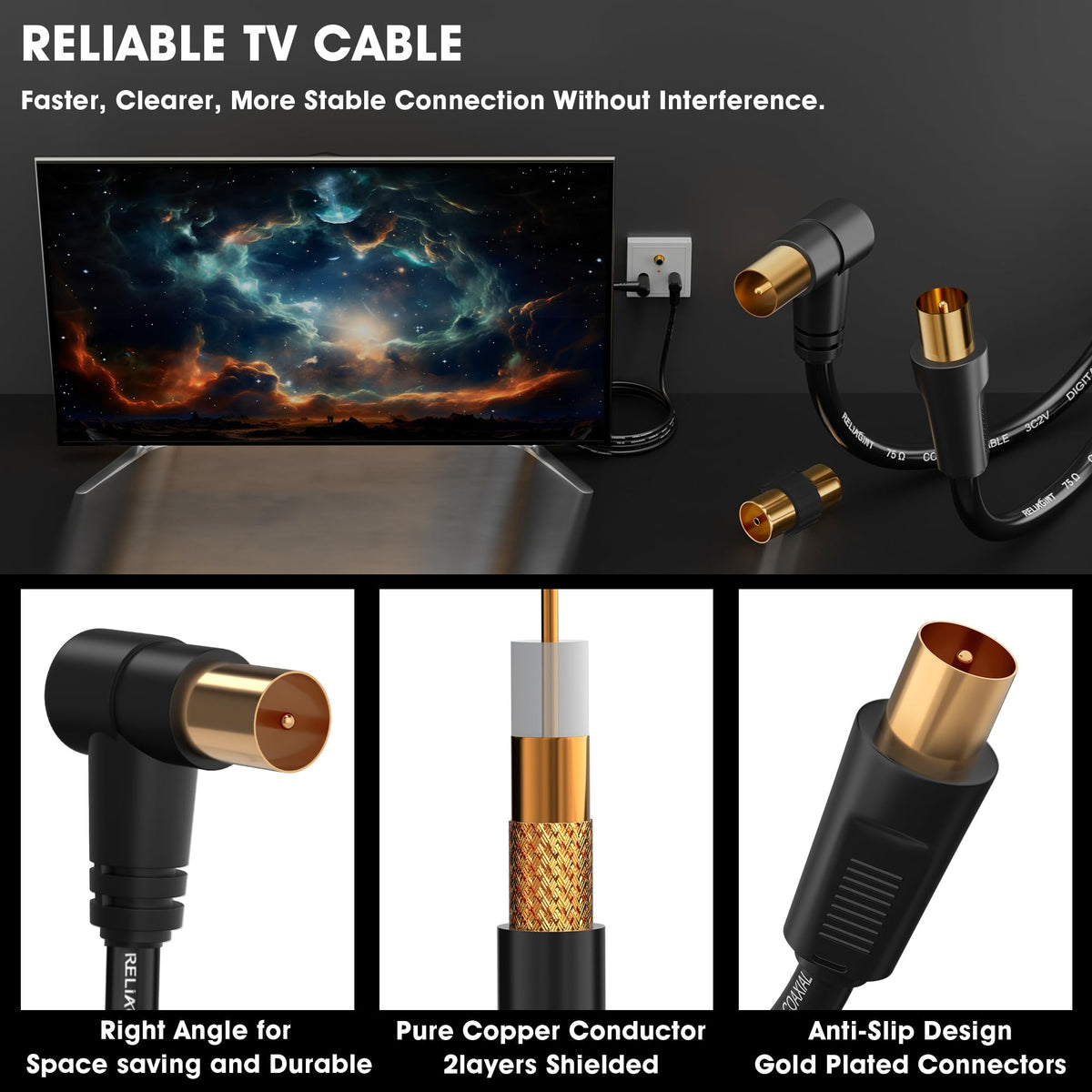 TV Aerial Cable 1m, 75 Ohm Coaxial Lead, IEC 9.5mm Male to Male 3C2V Pure Copper Dual Shielded, Right-Angle Connector, Female to Female Adaptor Included, Black