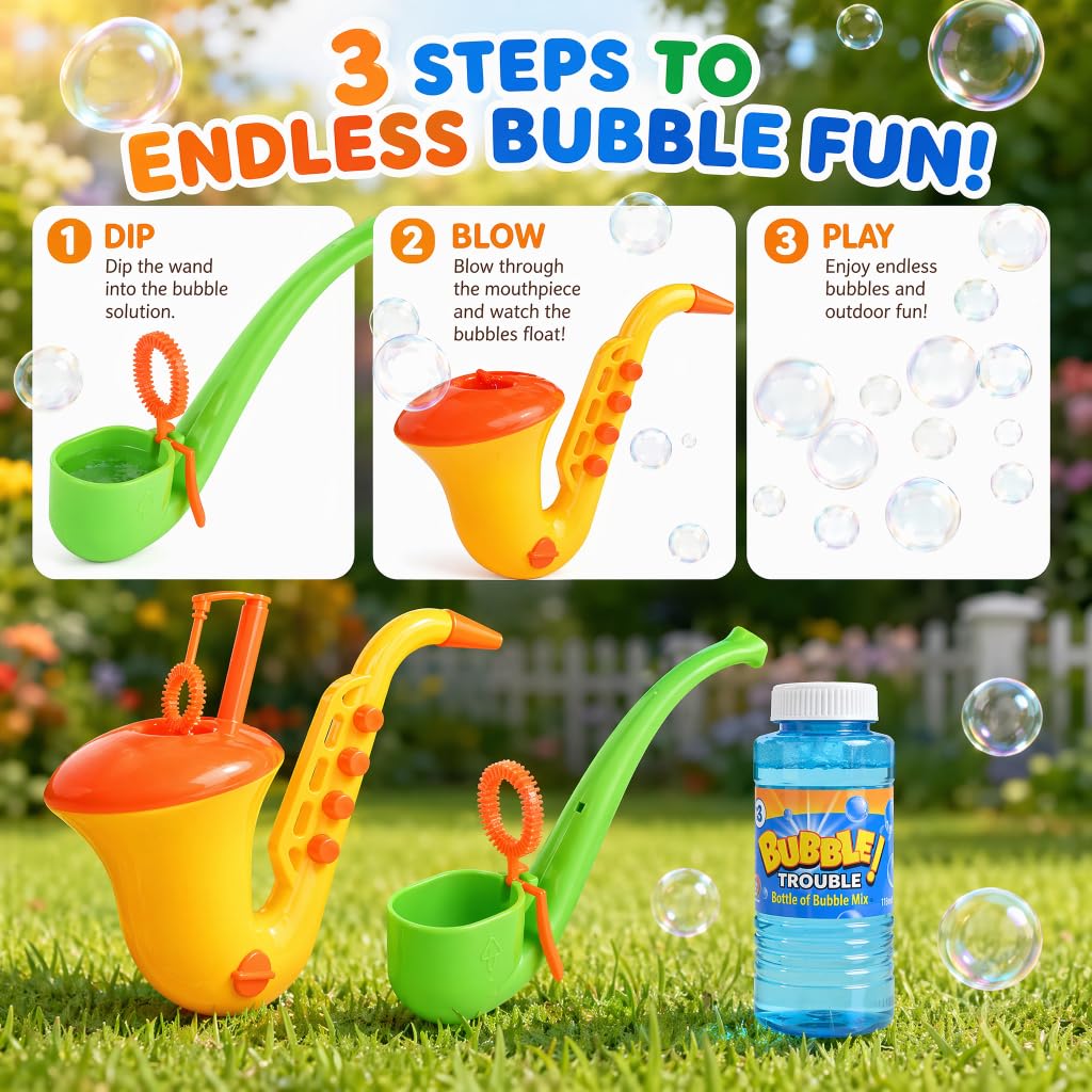 2Pcs Bubble Machine Toys Set, Saxophone Bubble Gun & Pipe Shaped Bubble Blower with Bubble Solution, Kids Outdoor Bubble Toys for Summer Party, Backyard Fun, Birthday Gifts, Reusable Bubble Makers