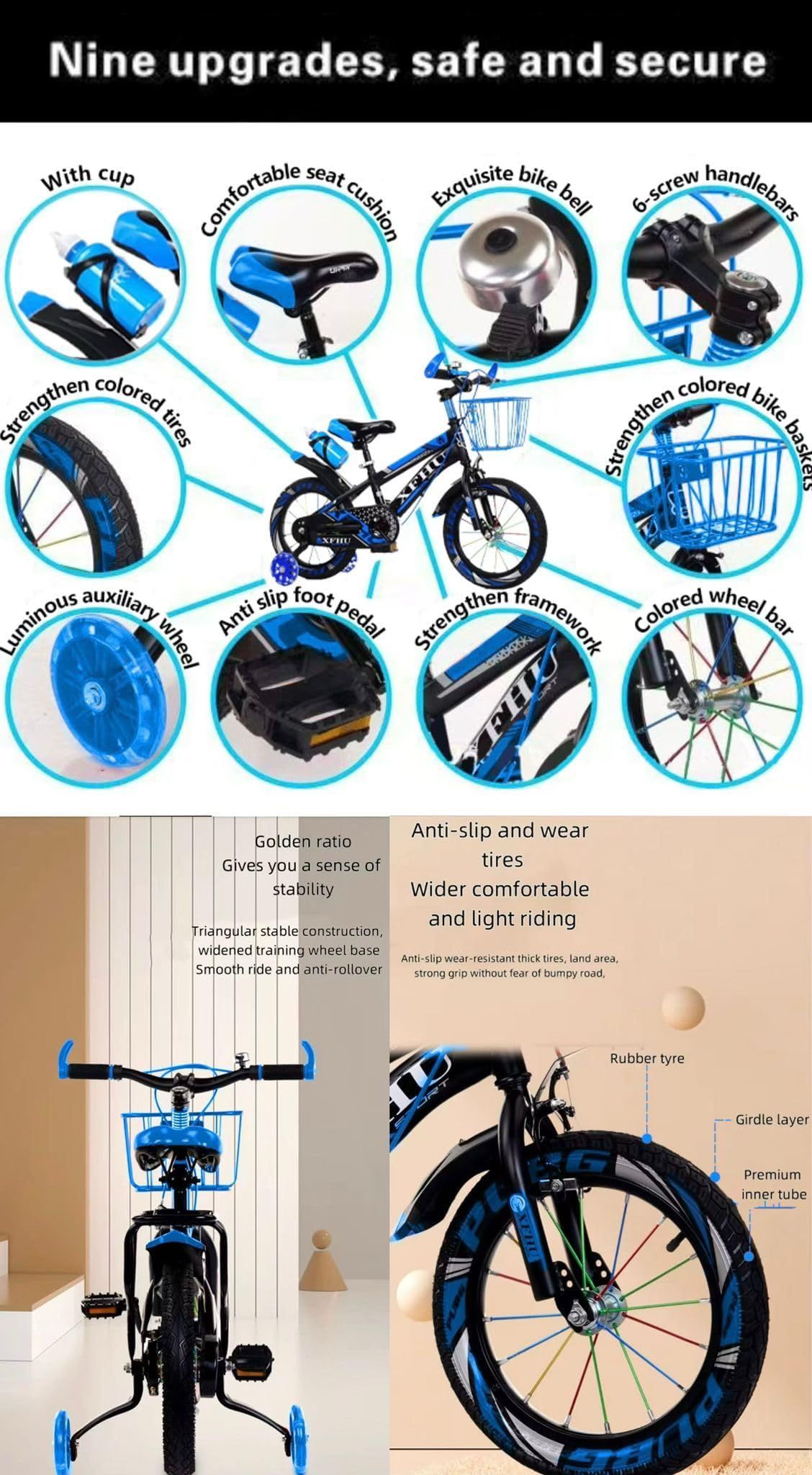 Kids Boys Bike 20" with Stabilisers, Basket, Bell & Water Bottle — Adjustable Seat & Handlebars
