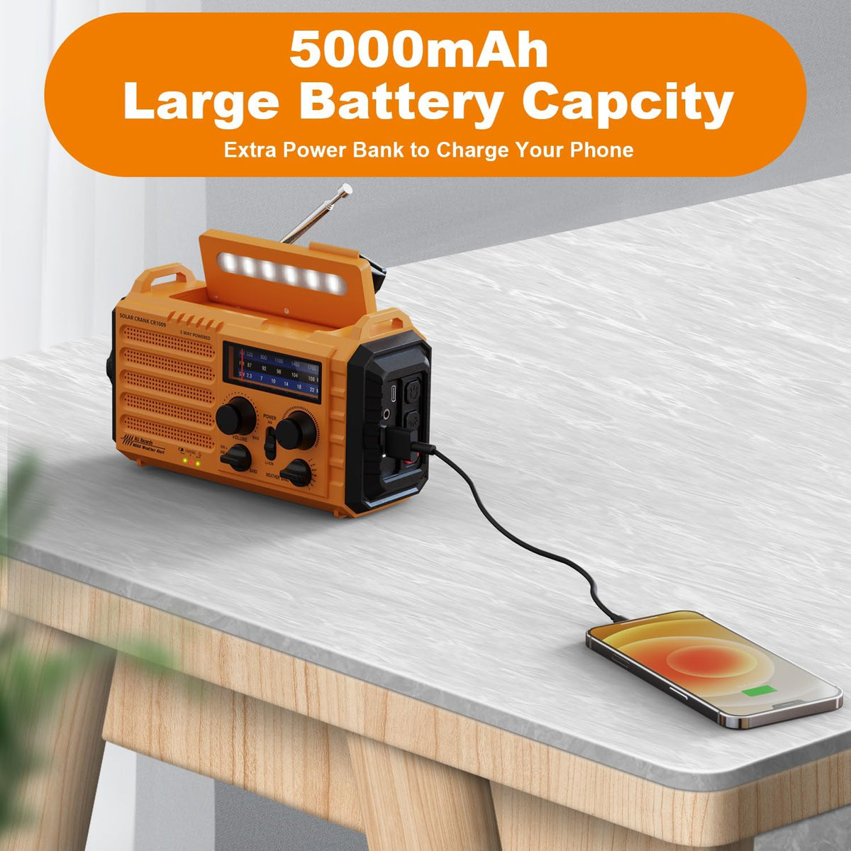 Mesqool Wind Up Radio Solar Powered, 5000mAh Emergency Hand Crank AM FM Radio with Flashlight, Reading Lamp, USB Phone Charger, SOS Alarm and Compass
