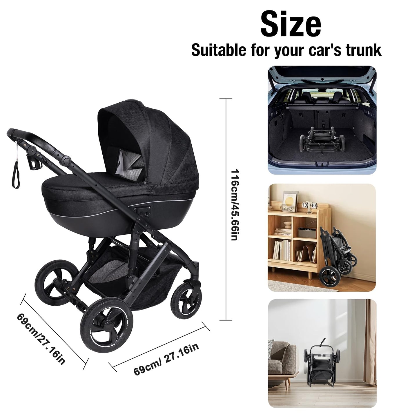 PU Leather 3 in 1 Pushchair Travel System, Toddler Stroller, Baby Pram 3 in 1, Infant Carriage with One-Click Folding, Newborn Buggy with Aluminum Frame (V6 Black)