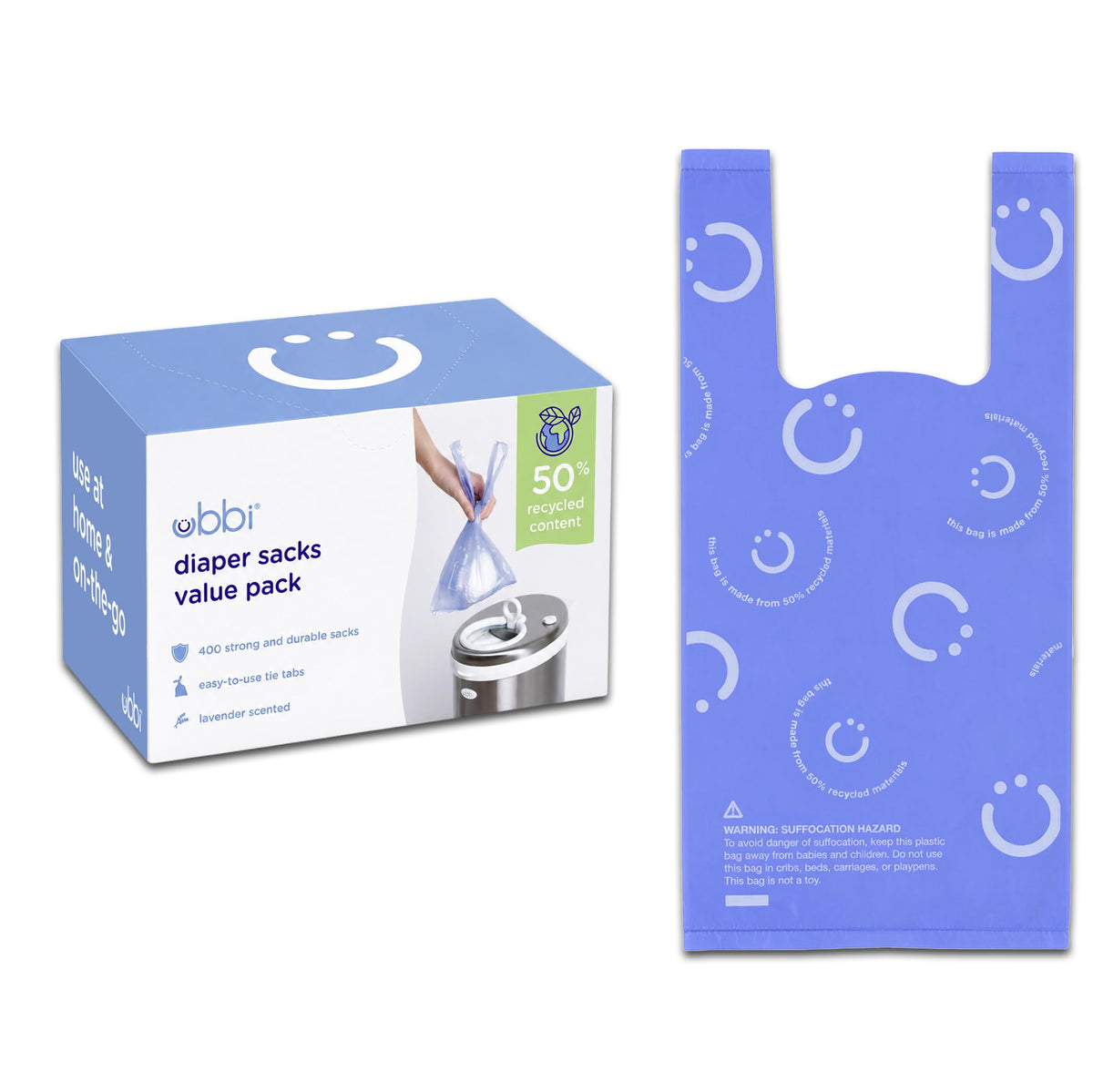 Ubbi Disposable Nappy Sacks, Lavender Scented, Easy-To-Tie Tabs, Durable, Thick Baby Nappy Disposal or Pet Waste Bags, 200 Count