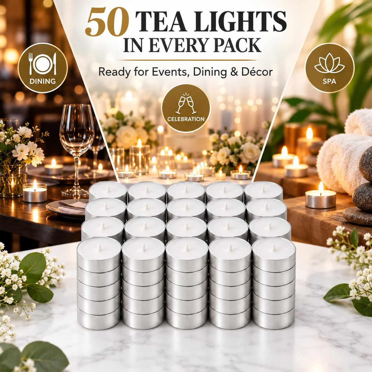 Unscented 8-Hour Tea Light Candles, 50 Pack, Cotton Wicks