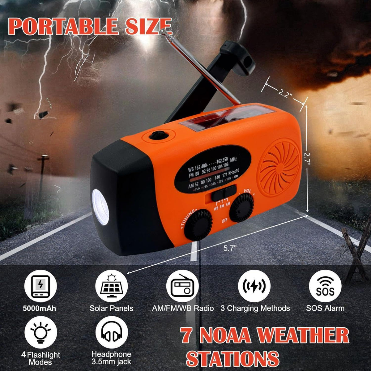 5000mAh Wind Up Solar Radio, Emergency Crank Weather Radio, FM/AM Radios