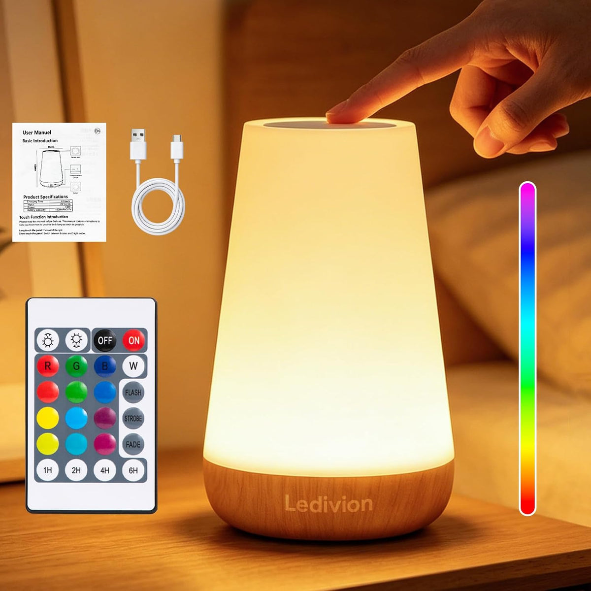 Ledivion Night Light, LED Touch Bedside Table Lamp, RGB Colours Changing, 5 Brightness Level, Timing Function, Dimmable Rechargable Remote Control Light for Bedroom, Living Room