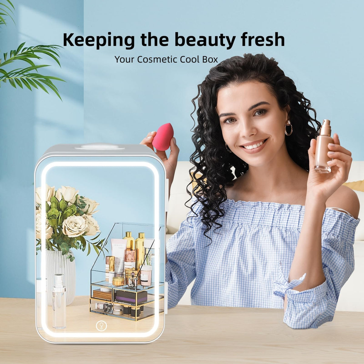 4 Liter Mini Fridge with Dimmable LED Mirror, AC/DC Skincare Fridge