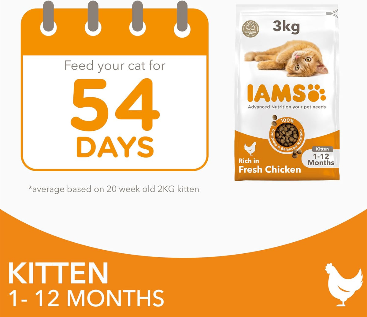 IAMS for Vitality Dry Kitten Food with Fresh Chicken, 3 kg, Packaging may vary