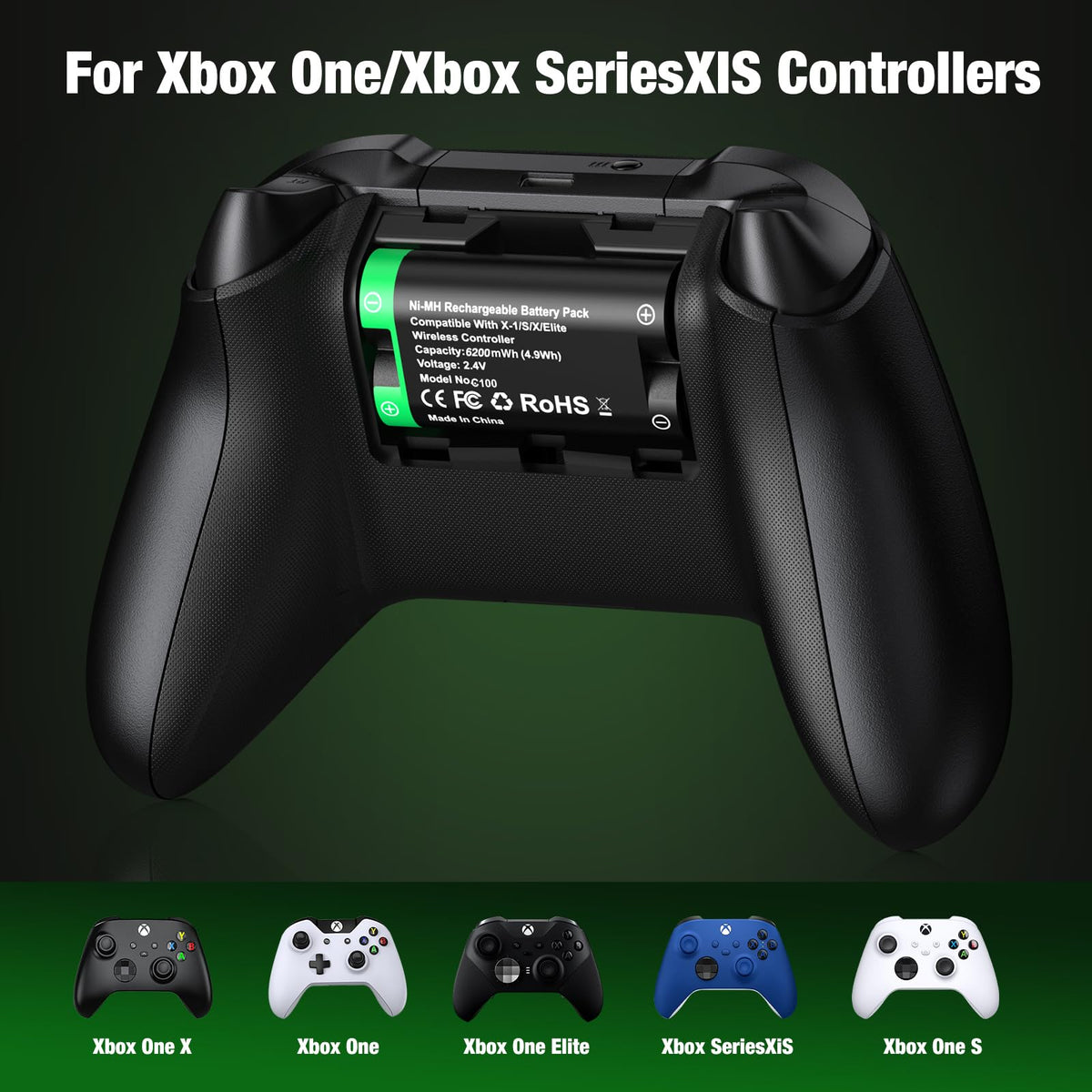 Rechargeable Battery Pack for Xbox One/Series Controller, 4x6200mWh Battery Pack with Charger/Cooling RGB/25H Playtime, Compatible with Xbox One/S/X/Elite 1, Series S/X Controller
