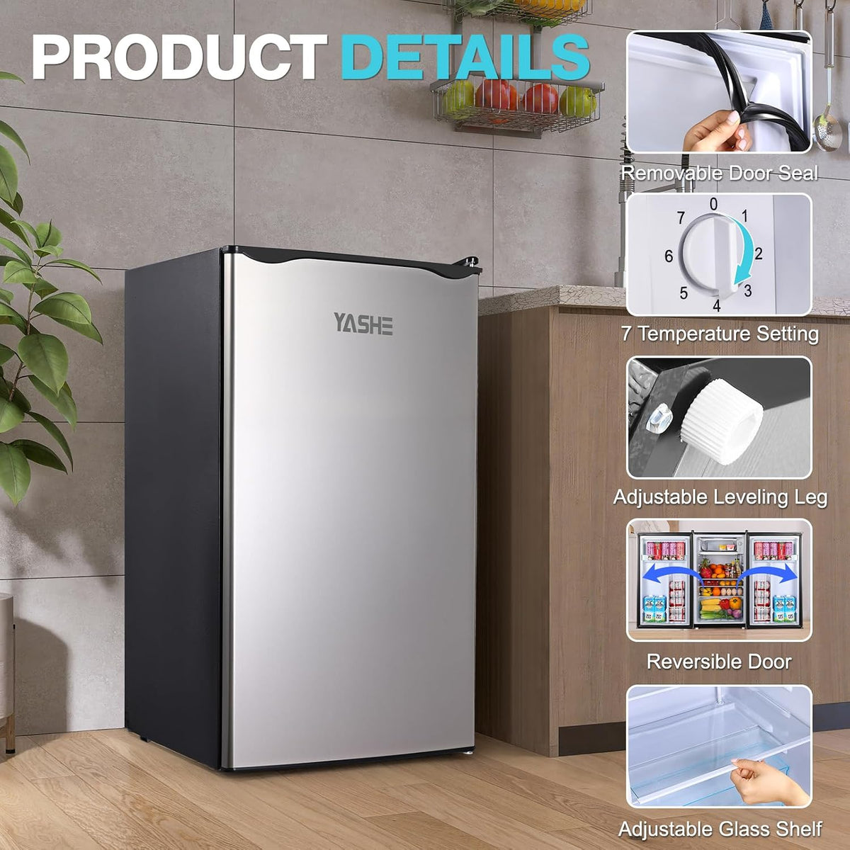 YASHE 92L Mini Fridge with Freezer, Single Door Compact Refrigerator, Small Fridge with Adjustable Thermostat, Large Capacity, Reversible Door, Mini Refrigerator for Bedrooms, Offices, Dorms, Silver