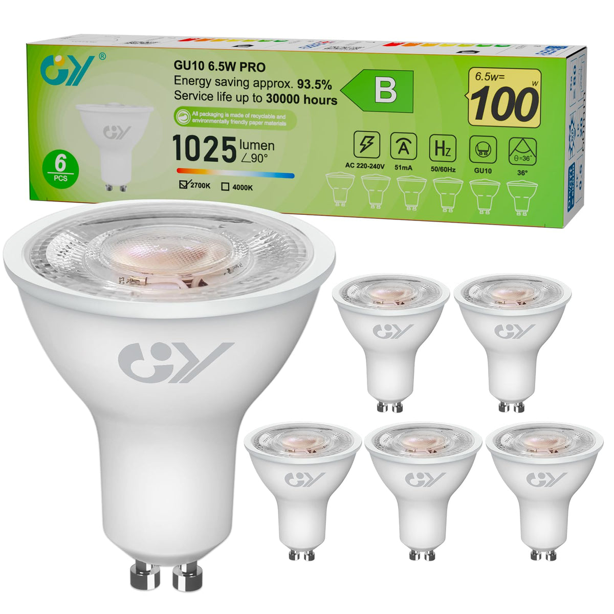 GY GU10 LED Bulbs Warm White 2700K,8W 800lm Energy Saving Light Bulbs,Equivalent to 80W 120° Wide Beam for Ceiling Non-dimmable,Pack of 12