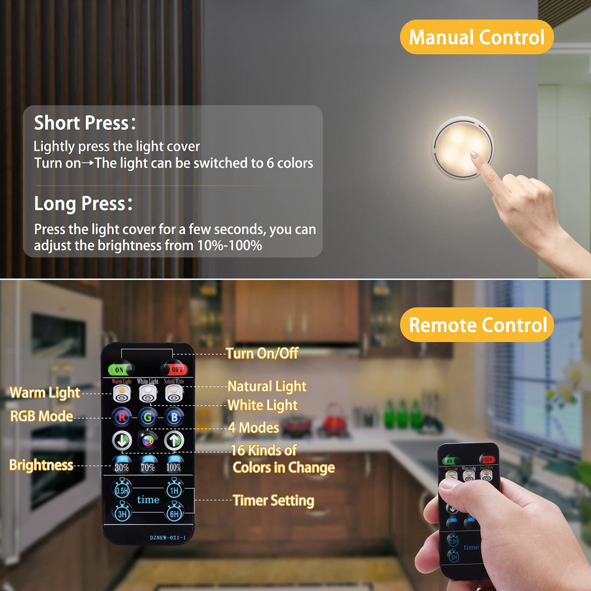 Under Cabinet Lights, Wireless LED Puck Lights Remote Control, 4000K Natural White Brightness Dimmable Battery Powered Touch Closet Cupboard Kitchen Wardrobe Lights, 6 Pack (White)