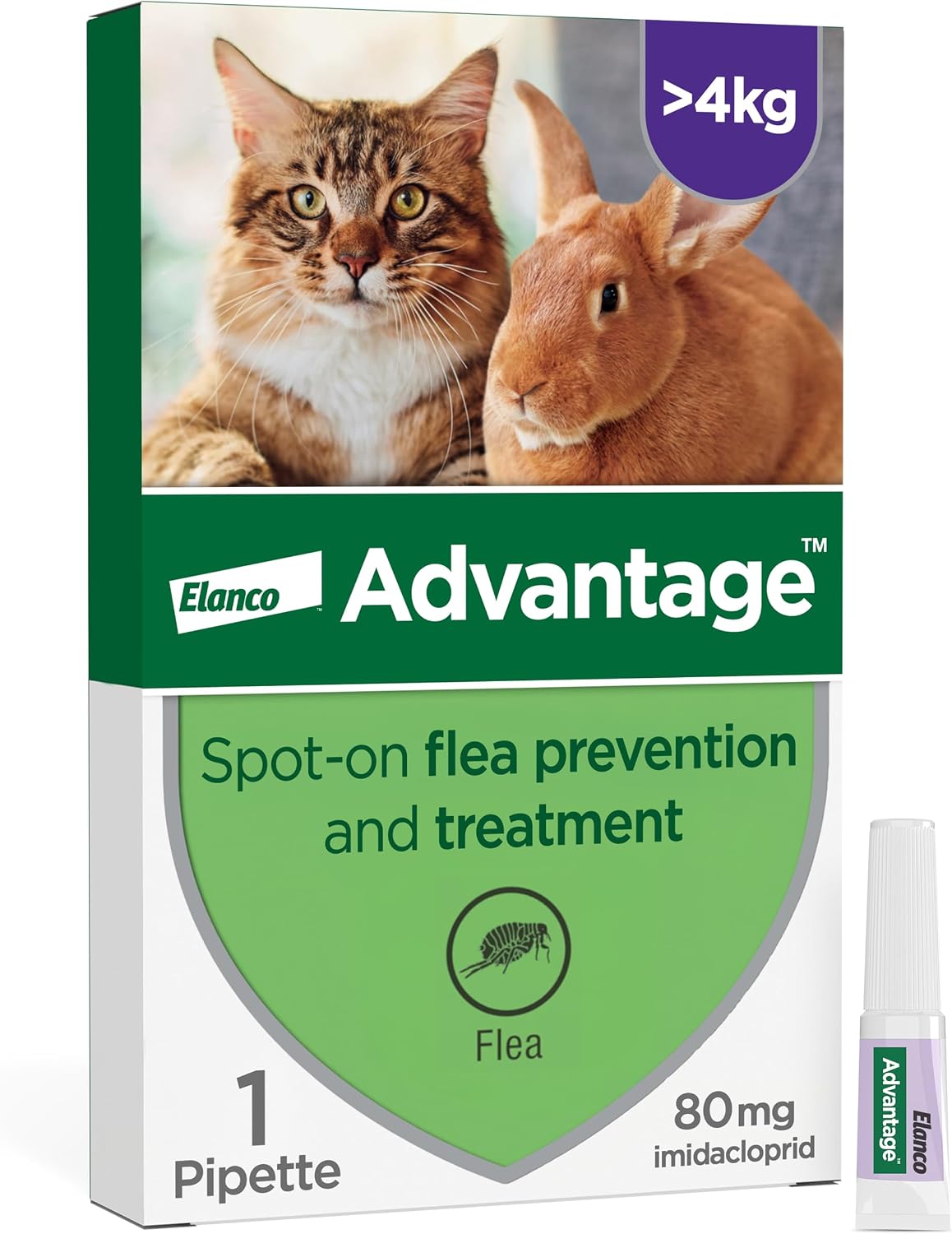 Advantage Spot On Flea Treatment For Large Cats and Rabbits Over 4kg (1 pipette, 80mg), Kills Fleas Within 24 Hours, Prevents Further Infestation For Up To Four Weeks in Cats