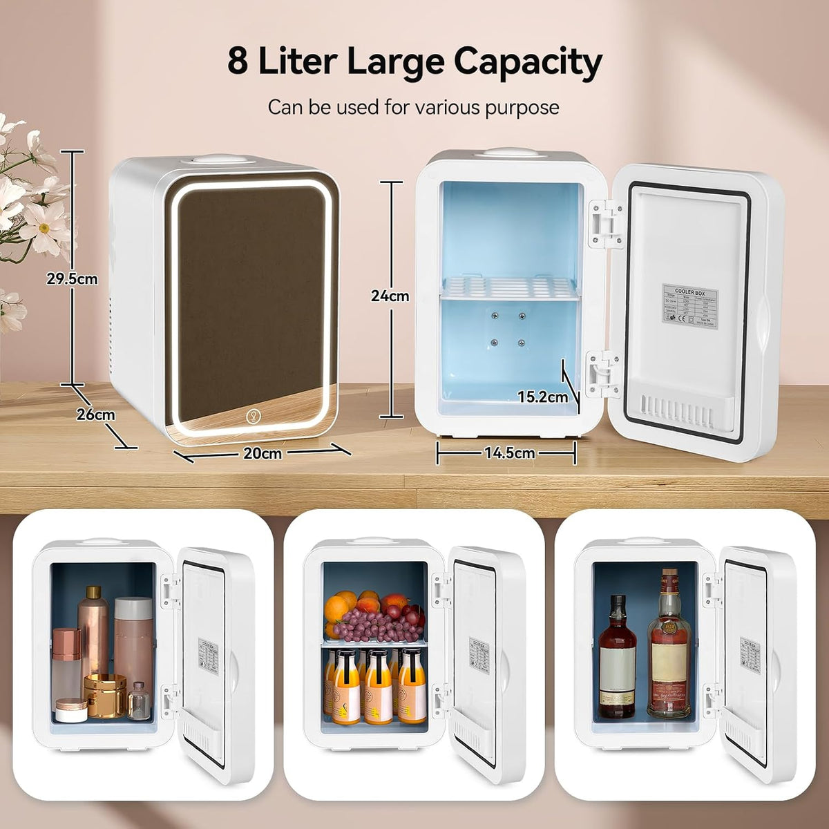 ARTETHYS Mini Fridge for Bedrooms, 8L Skincare Fridge with LED Mirror