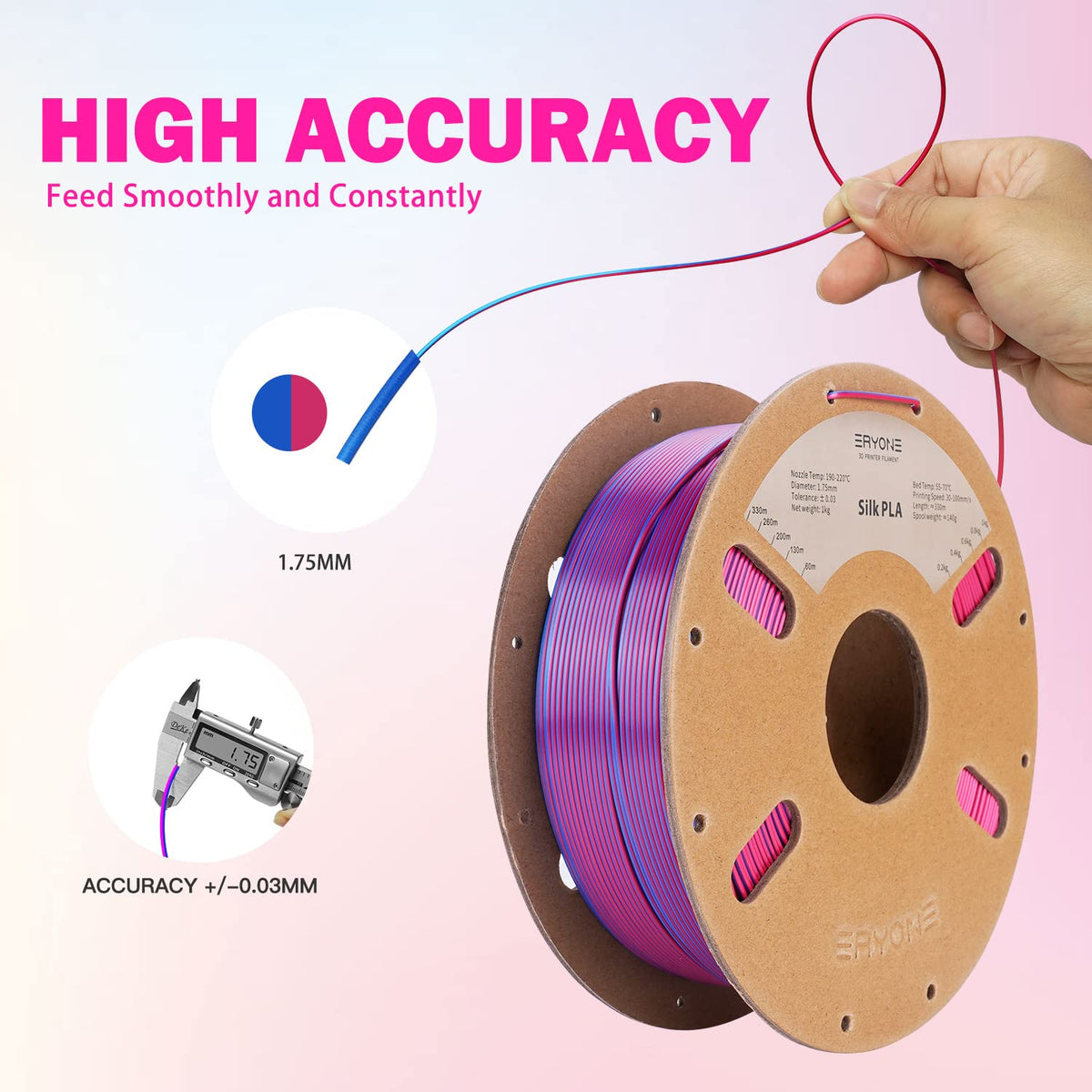 ERYONE Silk PLA Filament 1.75mm,3D Printer Filament PLA,Shiny Glossy PLA Filament,+/-0.03mm,1kg(2.2lbs)/Spool,Silk Liquid Gold