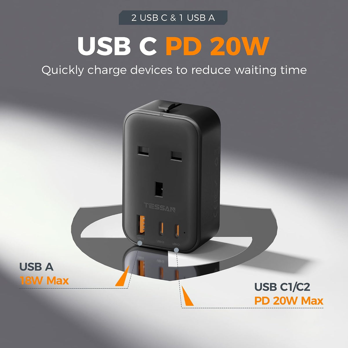 TESSAN UK to Universal Travel Adapter, 1 Pack, Black