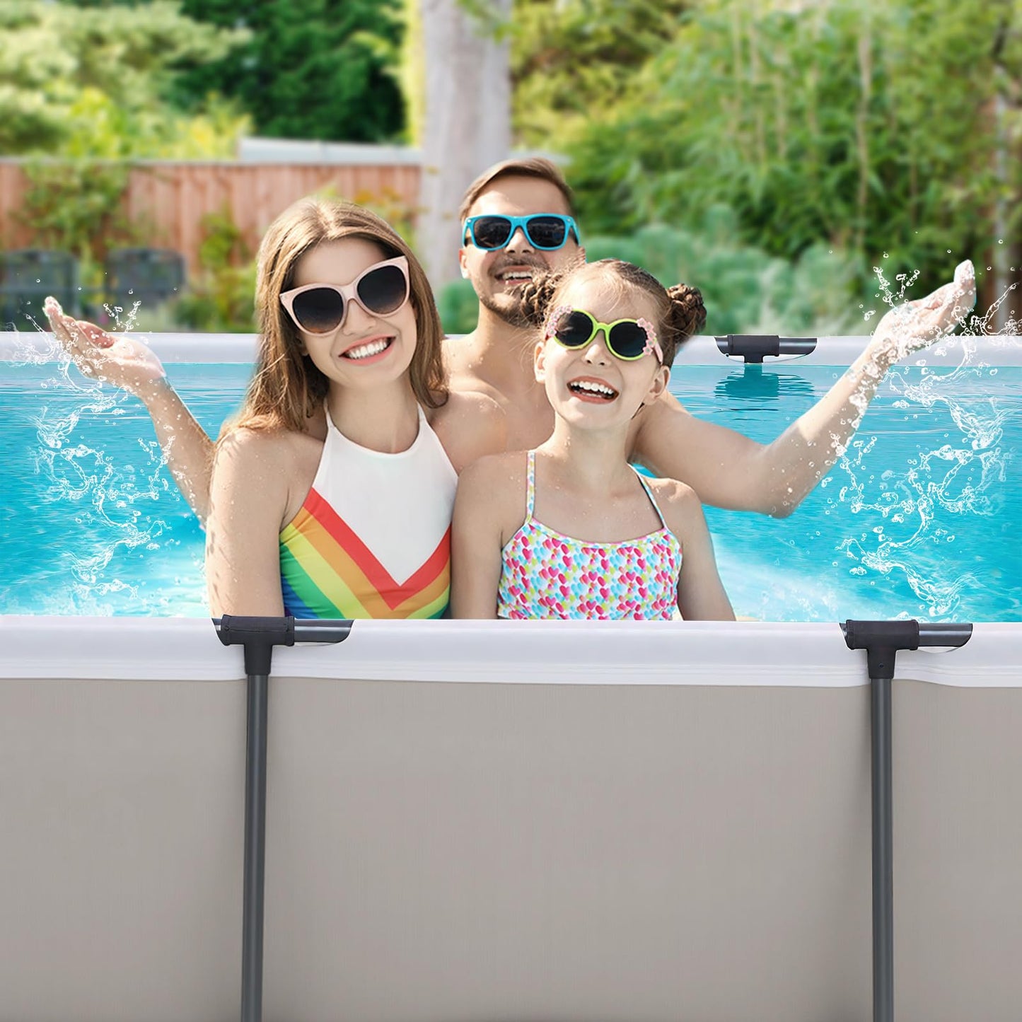 COSTWAY Above Ground Swimming Pool, Outdoor Round/Rectangular Large Framed Pool Set, Metal Frame Garden Family Pools for Kids and Adults (Gray, 300 x 207 x 66 cm, Rectangular)