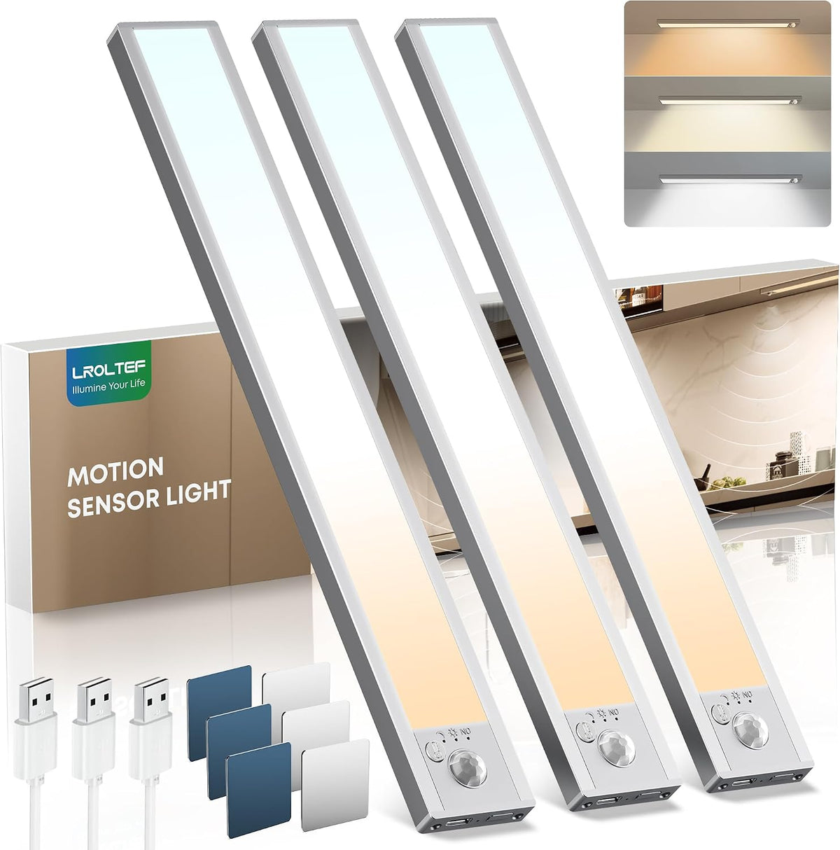 LROLTEF Under Cabinet Dimmable Wardrobe Motion Sensor Lights 3 Color 40cm
