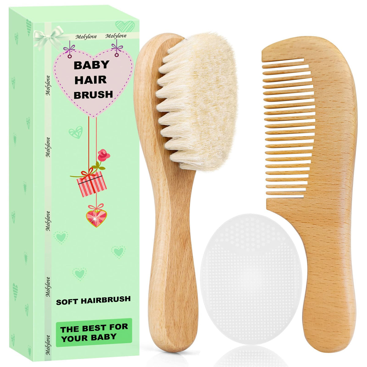 3PCS Baby Hair Brush with Wooden Handle and Comb Set for Newborns & Toddlers | Natural Soft Goat Bristles l Wood Comb l Green Cradle Cap Brush | Ideal for Cradle Cap