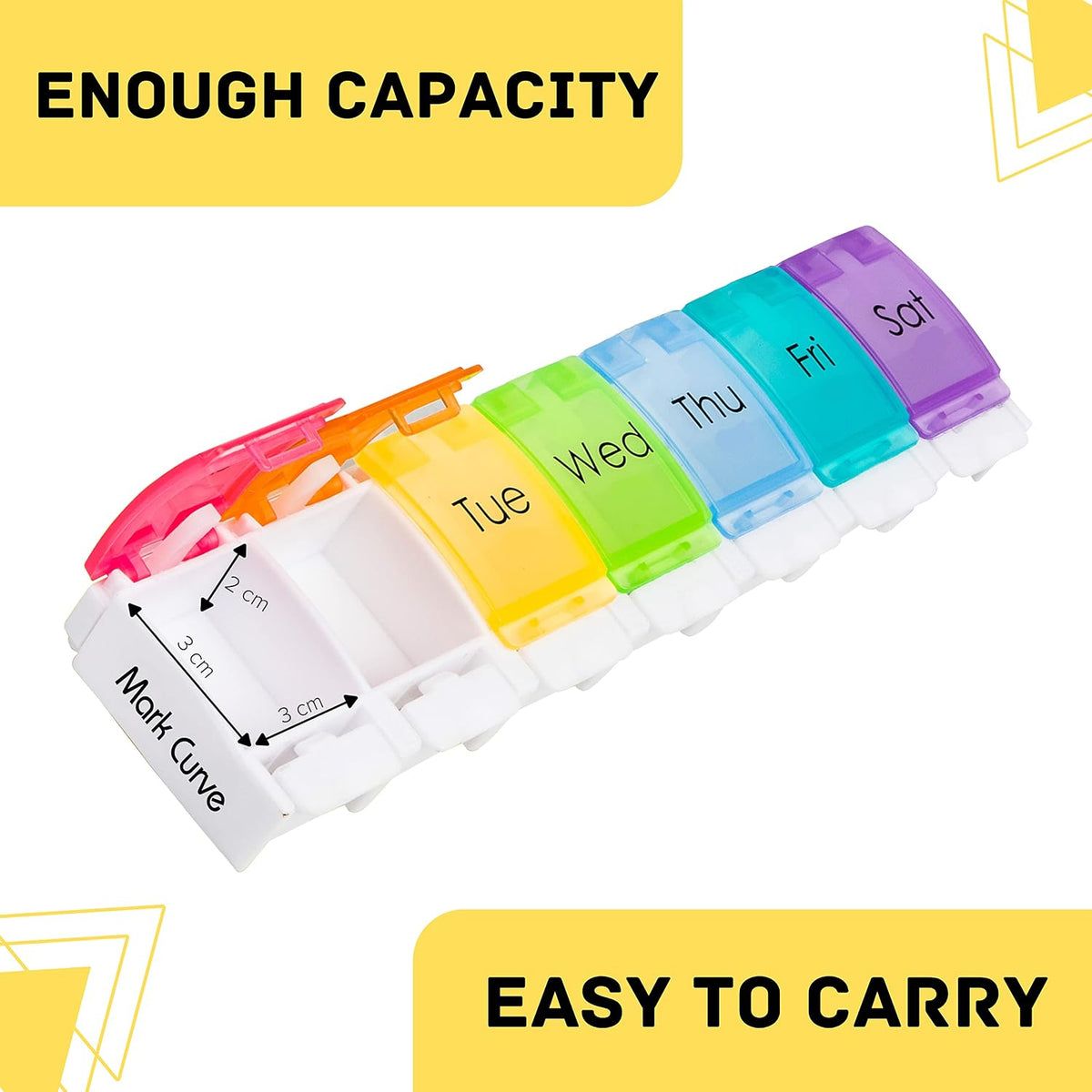 Portable Weekly Pill Box Organiser | Easy to Open 7 Day Premium Quality Tablet Box | Travel Pill Case with Push Button Pop Open Lids |Tablet Organiser for Vitamins, Supplements & Medicine Mark Curve